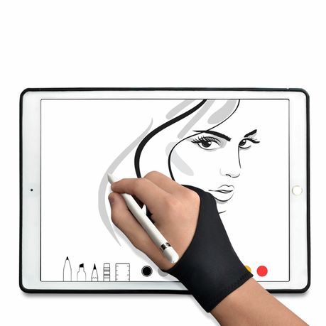 Two-finger drawing glove worn while using a pen tablet
