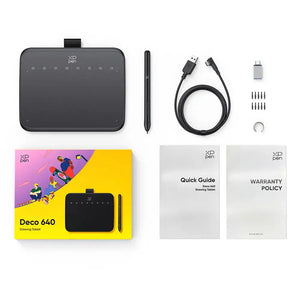 What is in the box: tablet, pen, cable, adapter, nibs and guide